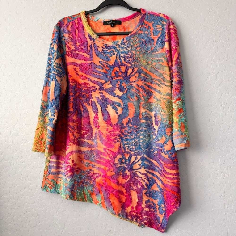 Caleesa Medium Tunic Multicolor 3/4 Sleeve Burnout Velvet Asymmetrical Sharkbite